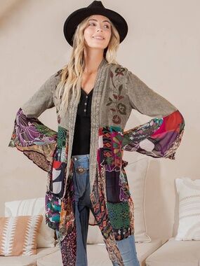 Olive Waterfall Embroidered Patchwork Kimono